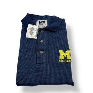 Lee Sport Michigan Wolverines‎ Mens Large Navy Blue Waffle Knit Polo Shirt NWT
